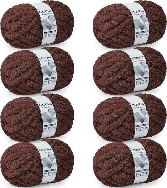 Cozyful Chunky Yarn for Hand Knitting - #10 Chunky Chenille Yarn, Jumbo Big Thick Chunky Yarns for Crocheting, Super Bulky Chunky Knit Blanket Yarns, 8 Skein (22 yds 8 oz Each Skein), Dark Coffee