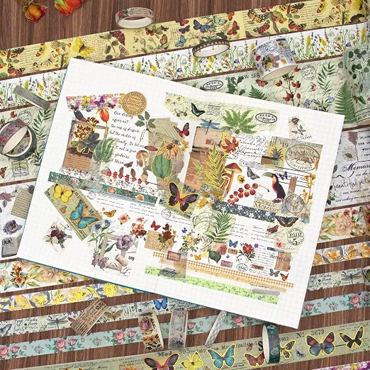 37 Rolls Vintage Washi Tape Set - Decorative Tape Floral Butterfly Mushroom Botanical,Adhesive Tape for Journaling Supplies,Scrapbooking,Junk Journal Supplies5/8/10/15/30/75mm Wide9.84ft Long/Roll