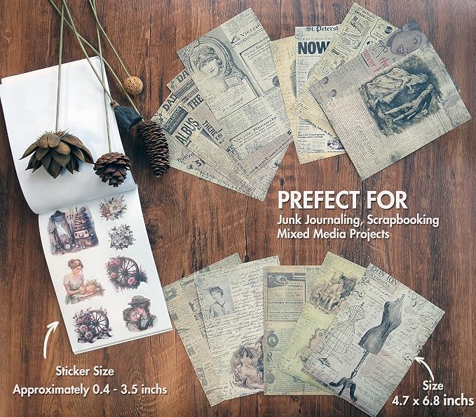Vintage Scrapbook Stickers and Ephemera Pack – Pre Cut Design Scrapbooking Supplies with 216 Washi Stickers & 30 Papers for Jounk Journaling, Planners, DIY Crafts, Card Making