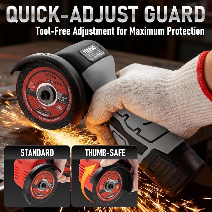 TEENO Cordless Angle Grinder Kit, 19,500 RPM Mini Handheld Grinder Tool with 2x 16.8V 2000mAh Batteries & 6 Discs, 3-Inch Cut-Off Grinder for Metal, Wood Cutting, Grey