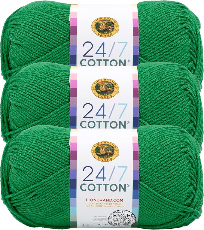 Lion Brand Yarn, 24/7 Cotton Yarn, Ivy League, Green, 3 Pack