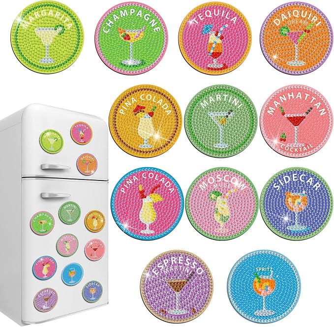 Zonon 12 Pcs Diamond Painting Magnets Cocktail Themed Round Fridge Stickers | Colorful Drink Theme for Kitchen Office Locker, Art Craft for Adults, Adhesive Round Stickers, Summer Party Home Decor