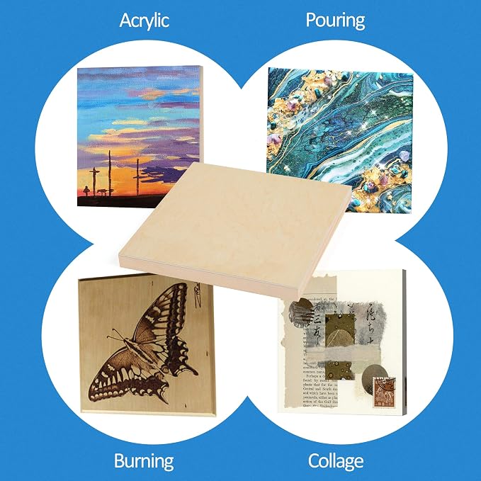 Falling in Art 4 Pack 8x8’’ Unfinished Birch Wood Panels Kit for Painting | Studio 3/4’’ Deep Wooden Canvas, Cradle Boards for Acrylic Pouring, Art, Crafts, Epoxy Resin, Laser Engraving Cutting