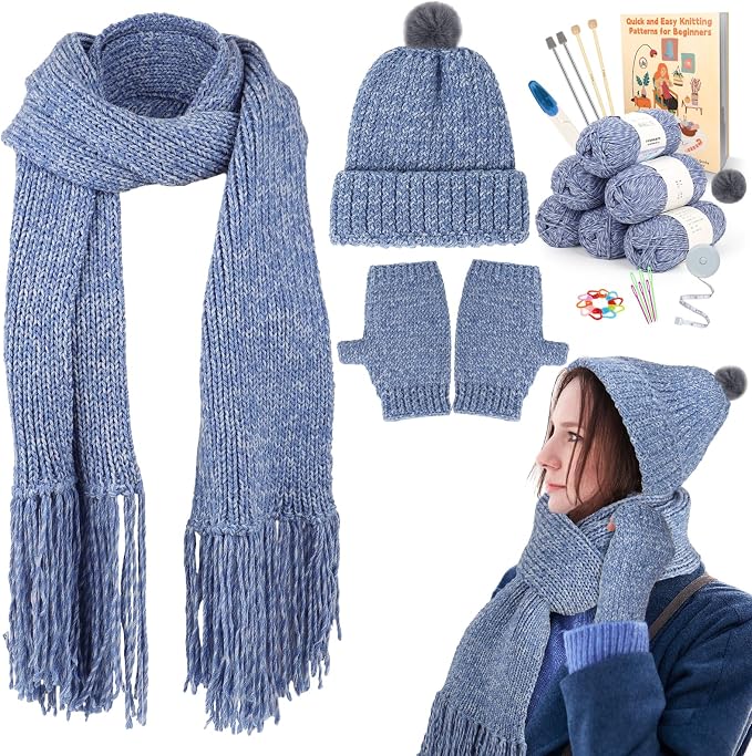 Coopay Knitting Kit for Beginners, Hat Scarf Glove Knitting Kit w/Guide | Learn to Knit Hat Scarf Glove, Knitting Starter Kit for Adults w/ 6pcs Yarn, w/Step-by-Step Tutorial, 4PCS Knitting Needles
