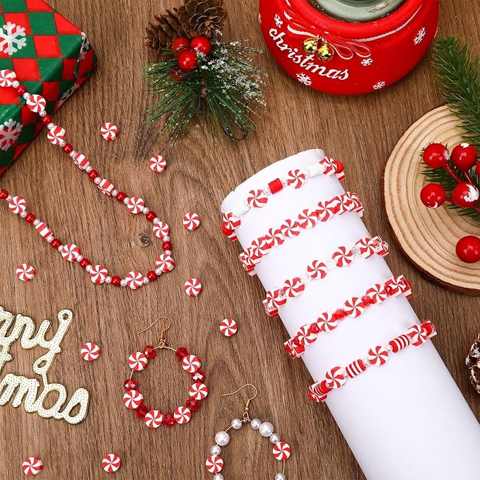 Augshy 300Pcs Peppermint Candy Clay Beads,Christmas Red and White Round Polymer Clay Beads for Jewelry Making Xmas Crafts fBracelets Necklaces Earrings and Holiday