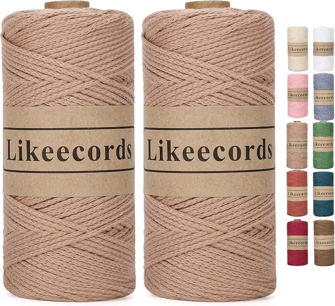 Likeecords 100% Cotton Cord Crochet Yarn Bag Cord 2mm 350Yards Braided Macrame Cord Macrame Rope Crochet Thread Gift for Knitter(Coffee)