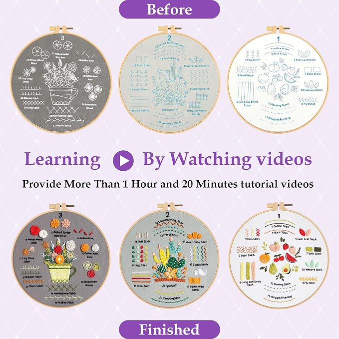 Embroidery Kit for Adult Beginners, 3 Pack Embroidery Stitches Practice Kit to Learn 31 Stitches, with Step-by-Step Instructions & Videos, Tools, DIY Needlework Craft Gift for Craft Lovers Women
