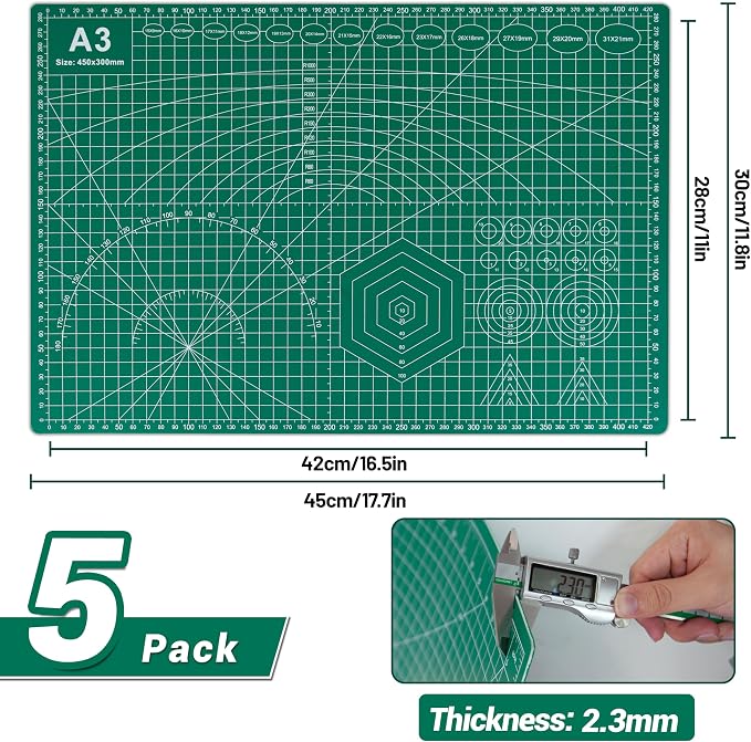 5Pack A3 Self Healing Cutting Mats,12" x 18" Double Sided PVC Craft Pads with Grid & Geometric Templates for Sewing,Scrapbooking,DIY Projects