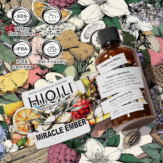 HIQILI Miracle Ember Fragrance Oil - Sweet Fruity Floral Scent for Candle & Soap Making, Essential Oil Diffusers - 1.0 Fl Oz(Pack of 1)