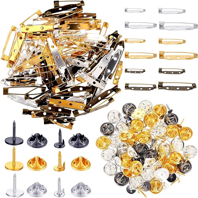 Chuangdi 200 Pieces Brooch Bar Pins Butterfly Clutch Blank Pins Set Safety Catch Back Butterfly Clutch Tie Tacks Backs with Blank for Crafts Projects Badge Name Tags Jewelry Supplies