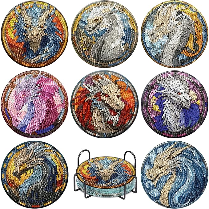 hkejoi 8 Pcs Dragon Diamond Art Coasters Kit for Adults, Dragon Diamond Painting Coasters with Holder, 5D Gem Art, DIY Crafts Diamond Dots for Gift Home Decor