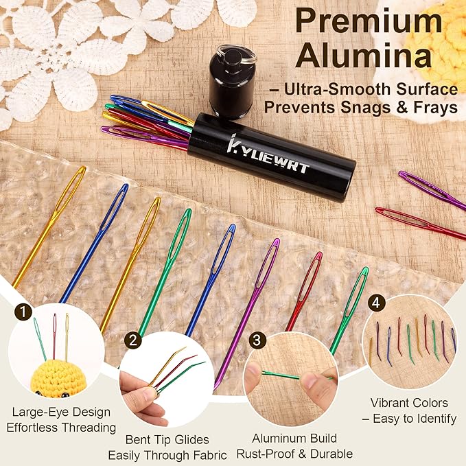 Premium Tapestry Needle & Weaving Needle Set for Crochet, Anodized 6063 Aluminum Bent Tip Yarn Needles with Portable Storage Tube for Crochet Finishing, Amigurumi & Knitting (Pack of 2)