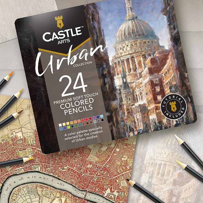 Castle Art Supplies - Urban Sketching 24 Colored Pencil Set in Tin Box, Premium Quality, Smooth Pigmented Cores, Perfect for Cityscape Art