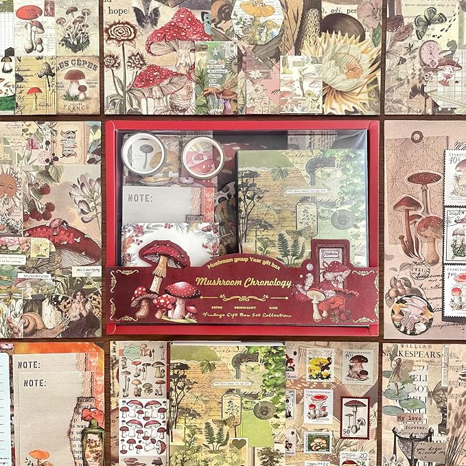 BoomTeck Vintage Scrapbooking Kit – Aesthetic Junk Journal Supplies with Scrapbook Paper, Washi Stickers, A6 Grid Notebook, DIY Craft Journaling Gift Set for Teens & Adults (Mushroom Theme)