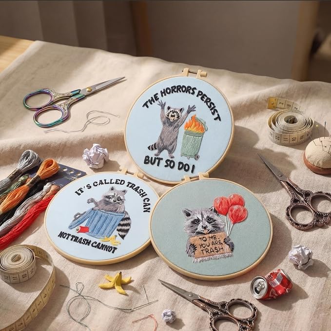 Mindsoft 3 Set Needlepoint Kit for Beginners with Hoop,Raccoon | Bamboo Hoop Thread Needles Instructions, Easy Hand Embroidery for Beginners Home Crafts,Pre-stamped Funny Cute Designs