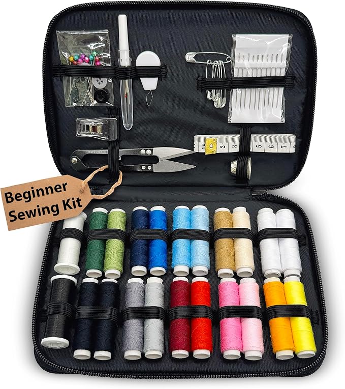 Vellostar Beginner Sewing Kit for Adults and Kids, 22 Threads, Travel Case | Small beginner hand sew kit with sewing supplies, needles, scissors, thimble for home, travel, & emergency clothing repairs