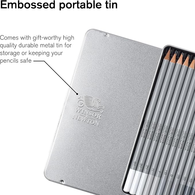 Winsor & Newton Studio Collection, Graphite Pencils, Set of 12 | Soft, Thick Core pencils, Varied Hardness, Soft Smooth Texture, Easy Blending, Stylish Metal Tin Included, High Quality Lead