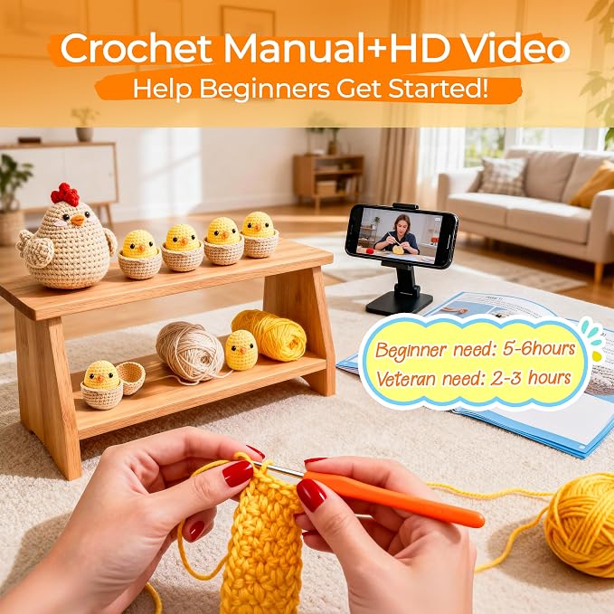 Joyclub Crochet Kit for Beginners 4 Chicken Family with Video for Adults | Amigurumi crochet with video guidance support first projects crochet Starter; a playful DIY gift for adult kitting learners