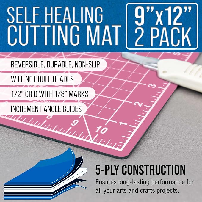 U.S. Art Supply 9"x12" Self-Healing Cutting Mat 5-Ply (2 Pack) Pink/Blue | Double-Sided Pink/Blue Craft Mat, Non-Slip Cutting Mats for Crafts, Sewing, Quilting, Scrapbooking