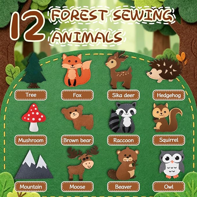 GOASION Sewing Kit for Kids, 12 Pcs Woodland Animals Craft Set, Ages 5+