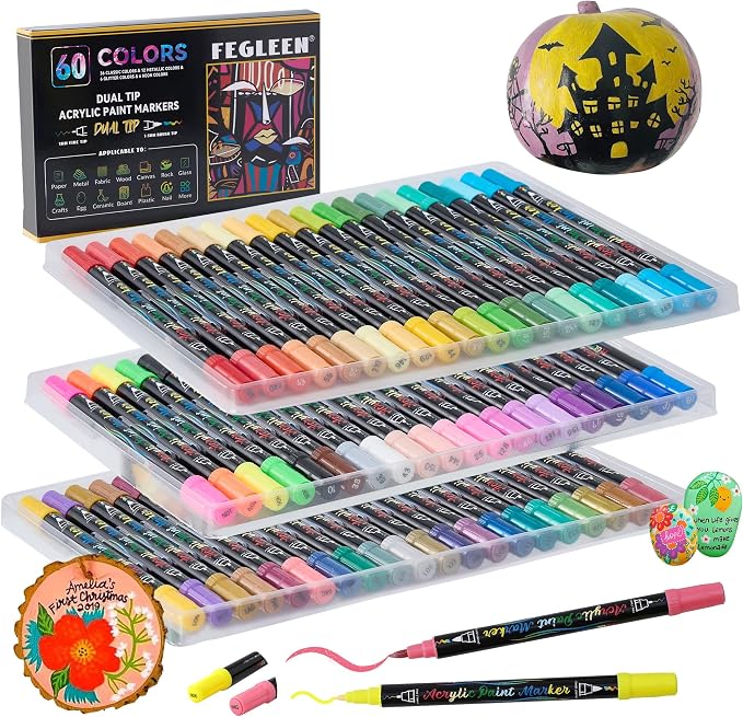 60 Colors Acrylic Paint Markers,Dual Tip Acrylic paint Pens Contain 12 Metallic Colors 6 Glitter and 6 Neon Markers for Rock Painting,Egg,Wood,Glass,Canvas,Ceramic,Crafts,Art Supplies