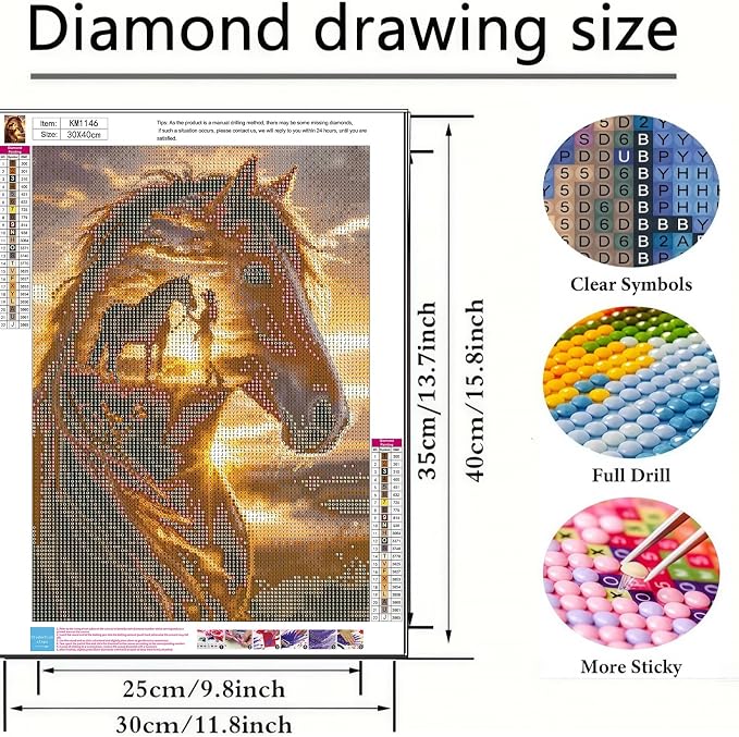 BYGFHLYW Horse Sunset Diamond Painting Kit for Adults, Diamond Art 12X16In | 5D Full Round Drill Diomond Dot Gem Painting for Country Farm Wall Decor Present