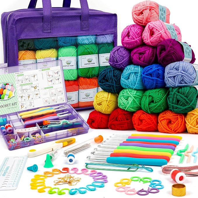 Inscraft Crochet Yarn Kit for Beginners Adults & Kids, Includes 1650 Yards 30 Colors Acrylic Skeins, Hooks, Purple Bag etc, Make Amigurumi & Crocheting Projects, Starter Set for Professionals