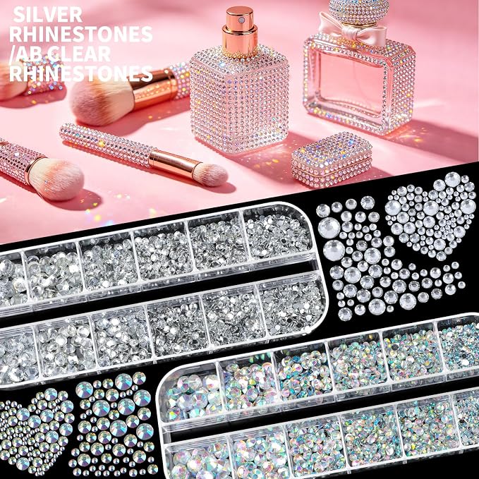 FANDAMEI 5 Boxes 10000PCS Bedazzling Kit, Multi-color Rhinestones for Bedazzling with Jewelry Glue, Flat Back Resin Jelly Gems for Crafts, Nail Rhinestones with Nail Brushes, Dotting Tools
