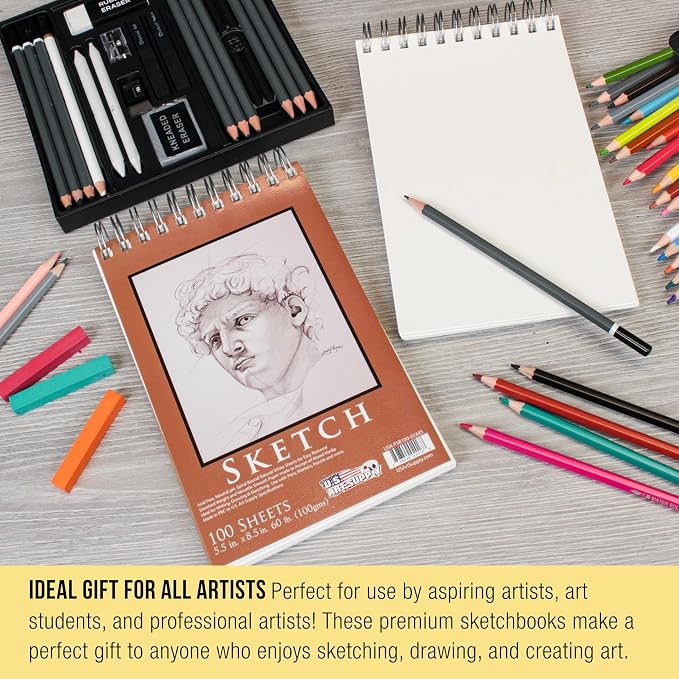 U.S. Art Supply 5.5"x8.5" Top Spiral Bound Sketch Book,100 Sheets 2-Pack | 60lb (100gsm), Acid-Free, Artist Sketchbook, Drawing Pad for Adults & Students