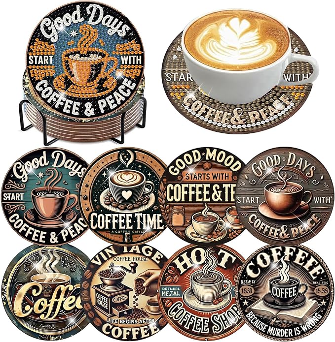 8Pcs Coffee Diamond Art Coasters Kits, Diamond Painting Coasters Kit