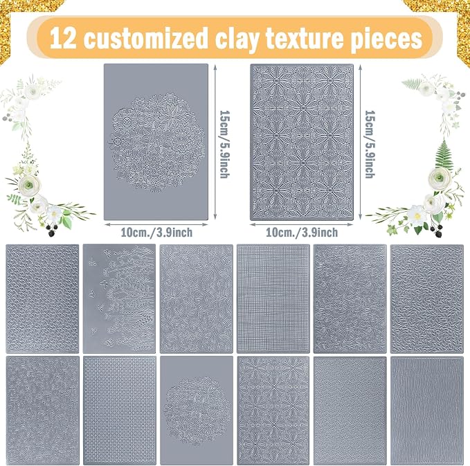 DoubleFill 12 Pcs Polymer Clay Texture Sheets Mat Works with Polymer Clay Cutter Embossin Roller DIY Tools for Pottery Earrings Jewelry Making