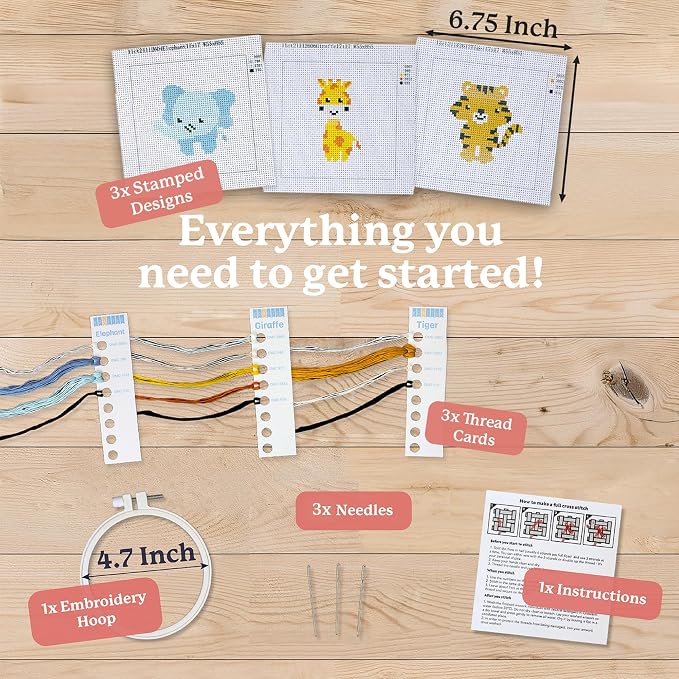 Kraftex Floral Stamped Cross Stitch Kits for Beginners - 3 Pack. DIY Embroidery Needlepoint Patterns for Adults. Easy Cross Stitch Kits for Beginners (Zoo Creatures)