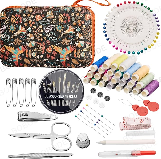 130 PCS Printing Travel Sewing Kit with Sewing Supplies Accessory | Boho Pattern Sewing Set with Zipper Sewing Case, Professional Beginners Sewing Kit for Adults,Emergency