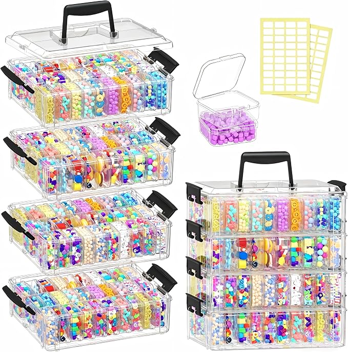 Bead Organizer Box 120 Pcs, 4-Tier Large Capacity Stackable Bead Storage Containers, Portable Plastic Craft Organizers for Jewelry Making, Bracelets, DIY, Nail Art Charms