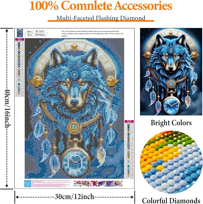Diamond Art Kits for Adults, Wolf DIY 5D Diamond Painting for Beginners | 12x16 Inch, Full Drill Round Dots, Dream Catcher Gem Art Craft Kits, Home Wall Decor, Stress Relief Relaxing Hobby Gift