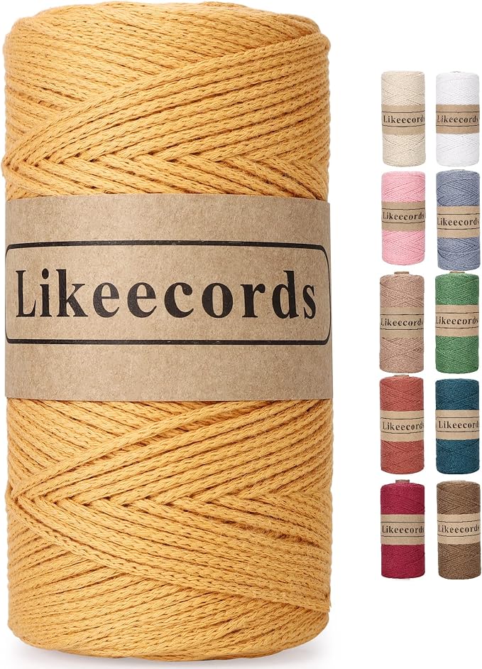 Likeecords 100% Cotton Crochet Bag Cord 2mm 170m Macrame Cord 2mm Crochet Thread Macrame Rope Gift for Knitter (Yellow)