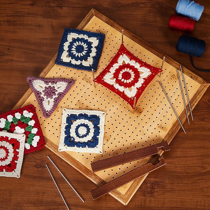 13" Crochet Blocking Board for Granny Square with 25 Pegs(Pins) & Felt Bag | 625 Holes, Blocking Board for Crochet Projects, Adjustable Bamboo Wood Board for Crocheting & Knitting, Gift for Crocheter