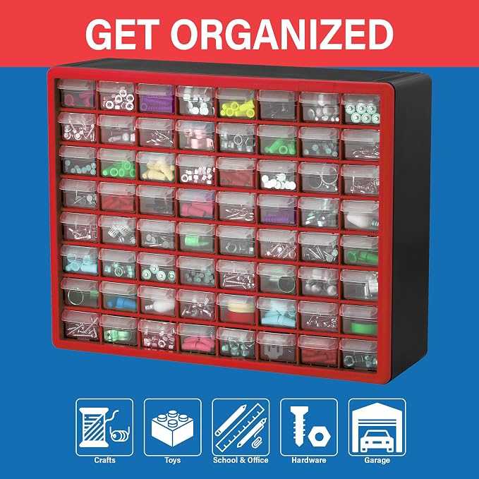 Akro-Mils 64-Drawer Plastic Storage Cabinet, 20" W x 6" D x 16" H, Red | Plastic Cabinet w/ Drawers for Garage Organization, Beads, Building Bricks Storage, Teacher Toolbox, Makeup Organizer, 10164