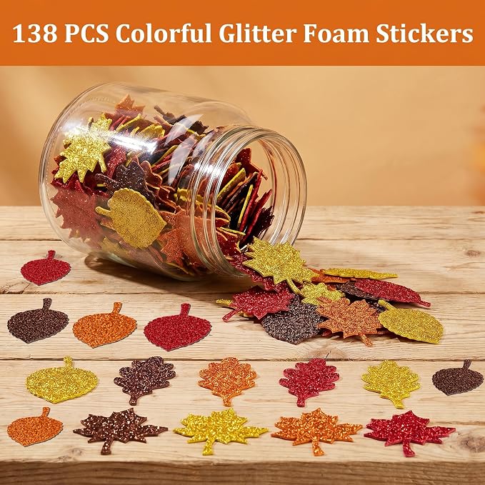 Fall Crafts for Kids - Maple Leaf Glitter Foam Stickers | 138 PCS Self Adhesive Fall Stickers - Thanksgiving Crafts Games for Kids -Friendsgiving Party Supplies Favors for Halloween Gifts