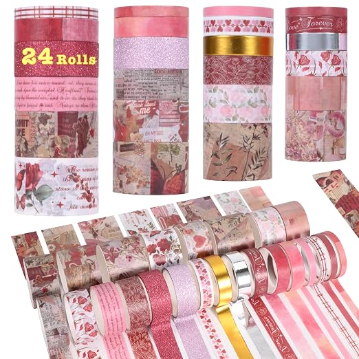 24 Rolls Flower Decorative Washi Tape Set(Romantic Eternal Series) | Adhesive Wahi Tape For DIY Art Crafts,Planners, Bullet Journaling,Gift Wrapping,Scrapbooking and Junk Journal Supplies