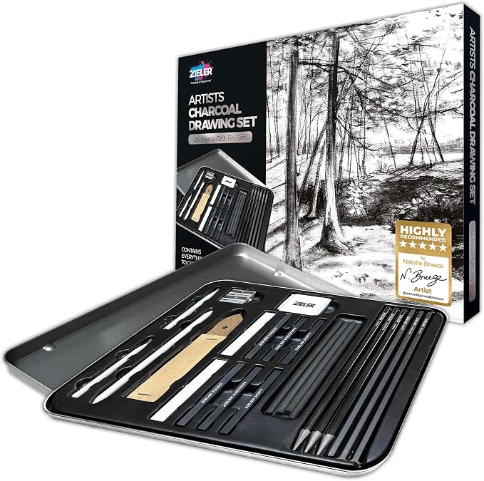 Zieler Artists Charcoal Drawing Set | 24-piece Gift Tin Set | The Ideal Starter Set
