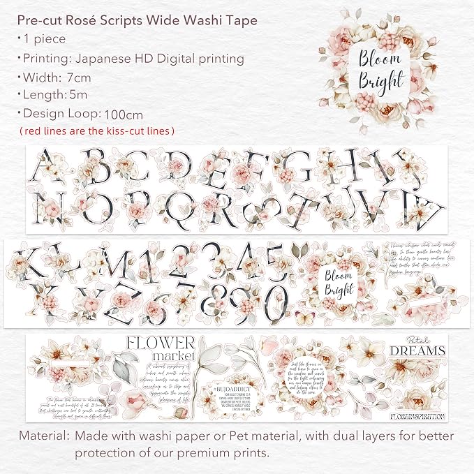 WT Pre-Cut Rosé Scripts Wide Washi Tape, Single Roll, Original Designs, Blush Floral & Handwritten Script, Japanese Decorative Paper Tape, Junk Journal Scrapbook Bujo Planner DIY Craft Supplies