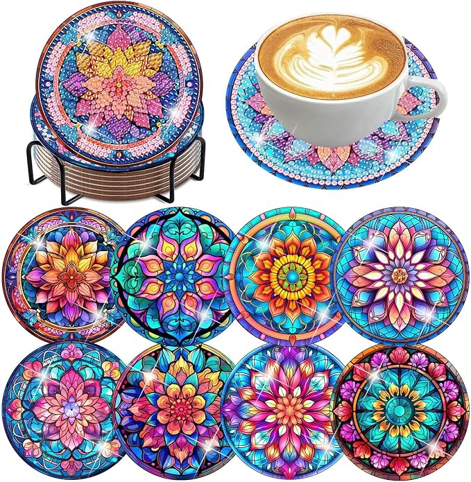 8 Pcs Diamond Art Coasters Kits, Mandala Diamond Painting Coasters Kits