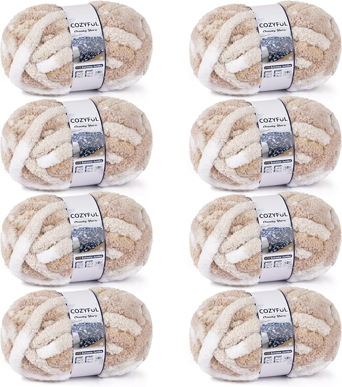 Cozyful Chunky Yarn for Hand Knitting - #10 Chunky Chenille Blanket Yarn, Jumbo Big Thick Chunky Yarns for Crocheting, Tie Dye Bulky Knit Yarns, 8 Skein (20 yds 8 oz Each Skein), White & Khaki & Beige