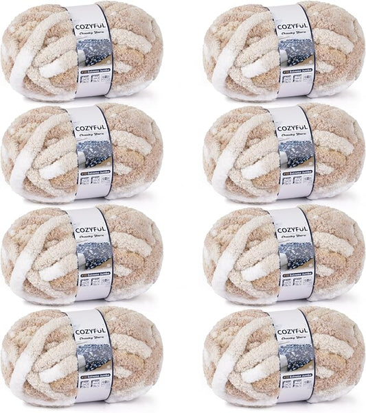 Cozyful Chunky Yarn for Hand Knitting - #10 Chunky Chenille Blanket Yarn, Jumbo Big Thick Chunky Yarns for Crocheting, Tie Dye Bulky Knit Yarns, 8 Skein (20 yds 8 oz Each Skein), White & Khaki & Beige