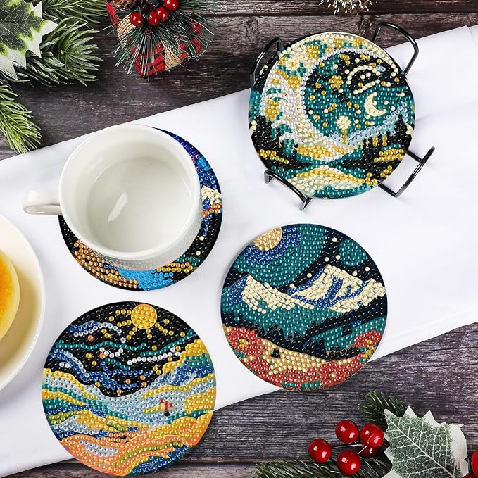 8 Pcs Landscape Diamond Art Coasters with Holder,Landscape Diamond Art Kits for Adults,Diamond Painting Coasters Kit for Gifts