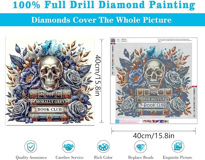 Meothan Diamond Art Kits for Adults Book Skull Diamond Painting Kit 16x16in | 5D Skull Diamond Art Painting Kit for Adult, DIY Full Round Drill Book Gem Art Diamond Dots Kits for Home Wall Decor Gift