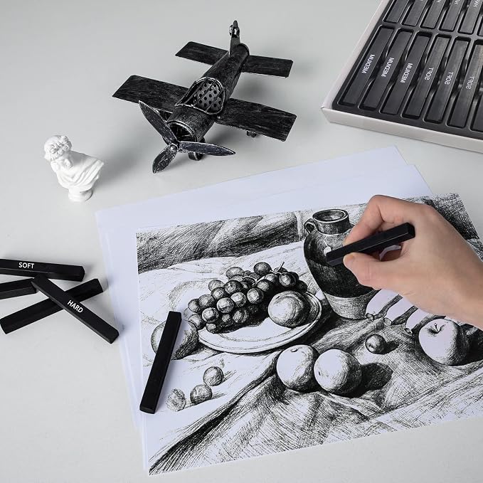 24 Pcs Compressed Charcoal Sticks with Soft, Medium, Hard and White Charcoal, Square Charcoal Stick Kit for Drawing, Sketching and Shading (12 Black + 4 Gray + 8 White)