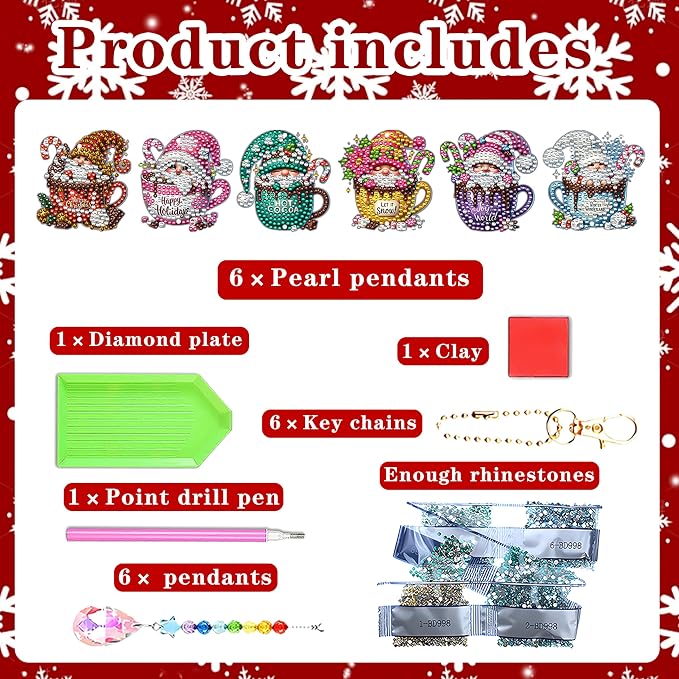 JeCuiK 6 Pcs Diamond Art Christmas Ornaments Gnomes Coffee Diamonds Painting Keychain Kits Double Sided Diamond Art Kits for Adults Xmas Decoration Diamonds Painting Wind Chimes DIY