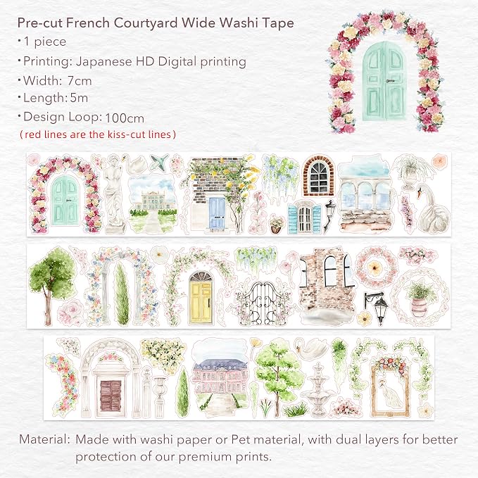 WT Pre-Cut French Courtyard Wide Washi Tape, Single Roll, Romantic European Courtyard Style with Floral Designs, Decorative Washi Paper Tape for Journaling, Scrapbooking, Planner, DIY Crafts